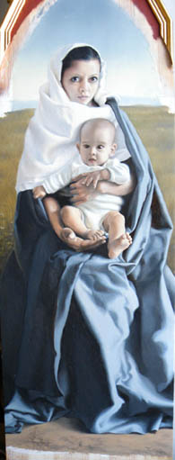 fine art oil portrait painting, mother and child, gothic madonna